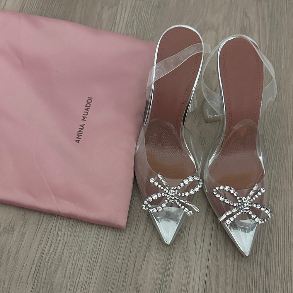 Amina Muaddi Silver Heels with Crystal Bow
